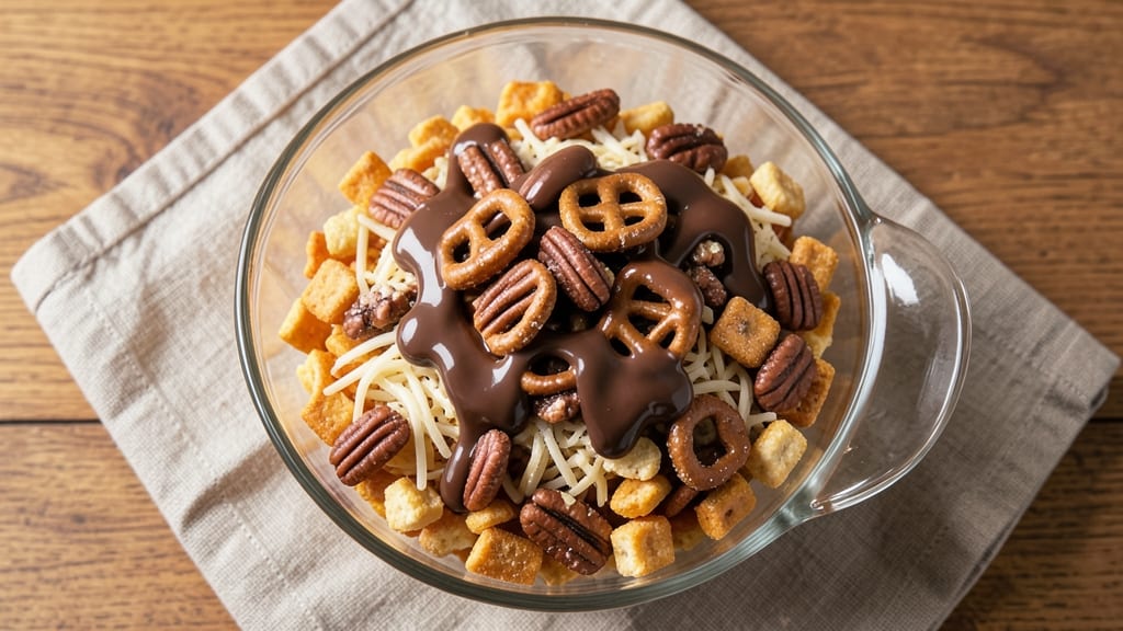 Chex Mix Recipe With Chocolate Drizzle: Crunchy Snack Bites With Molten Drizzle Magic