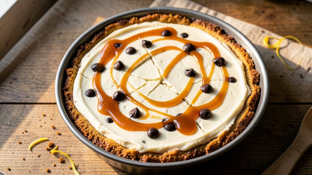 Caramel Chocolate Chip Cheesecake Recipe: Molten Caramel Rivers and Crunchy Top Layers